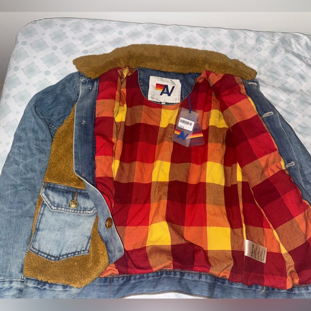 Aviator Nation Denim Jacket with Red and Yellow Plaid Lining